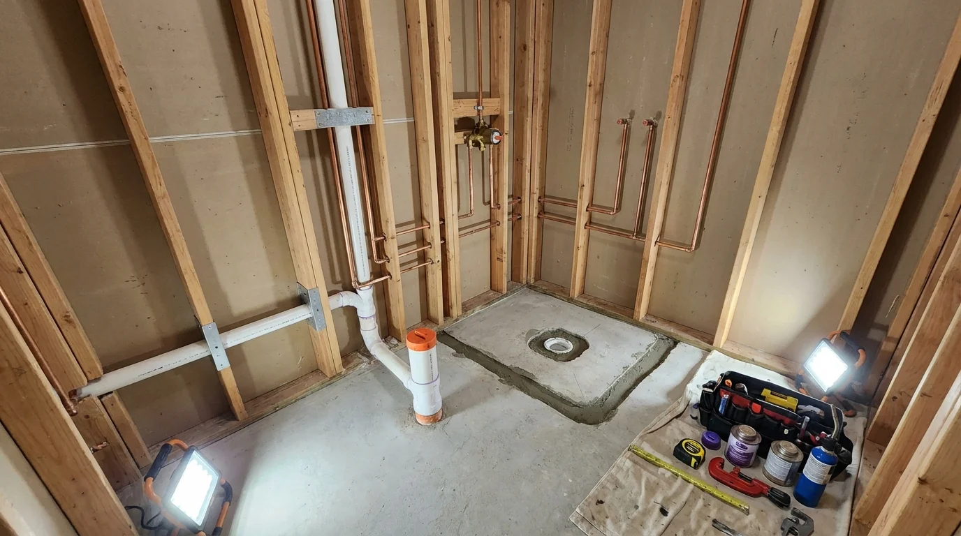 Bathroom rough-in plumbing during remodel by Johns Plumbing LLC in Wyandanch