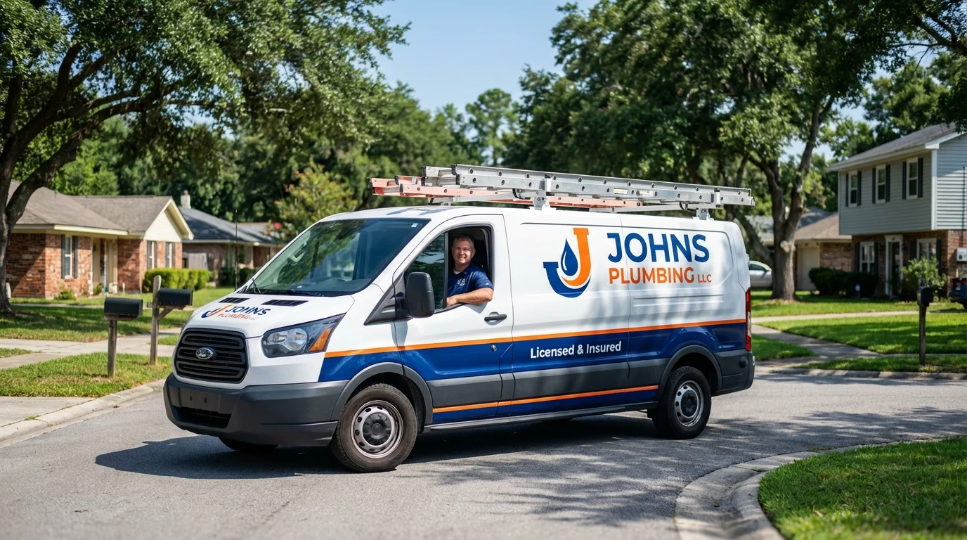 Johns Plumbing LLC service van in Wyandanch, NY