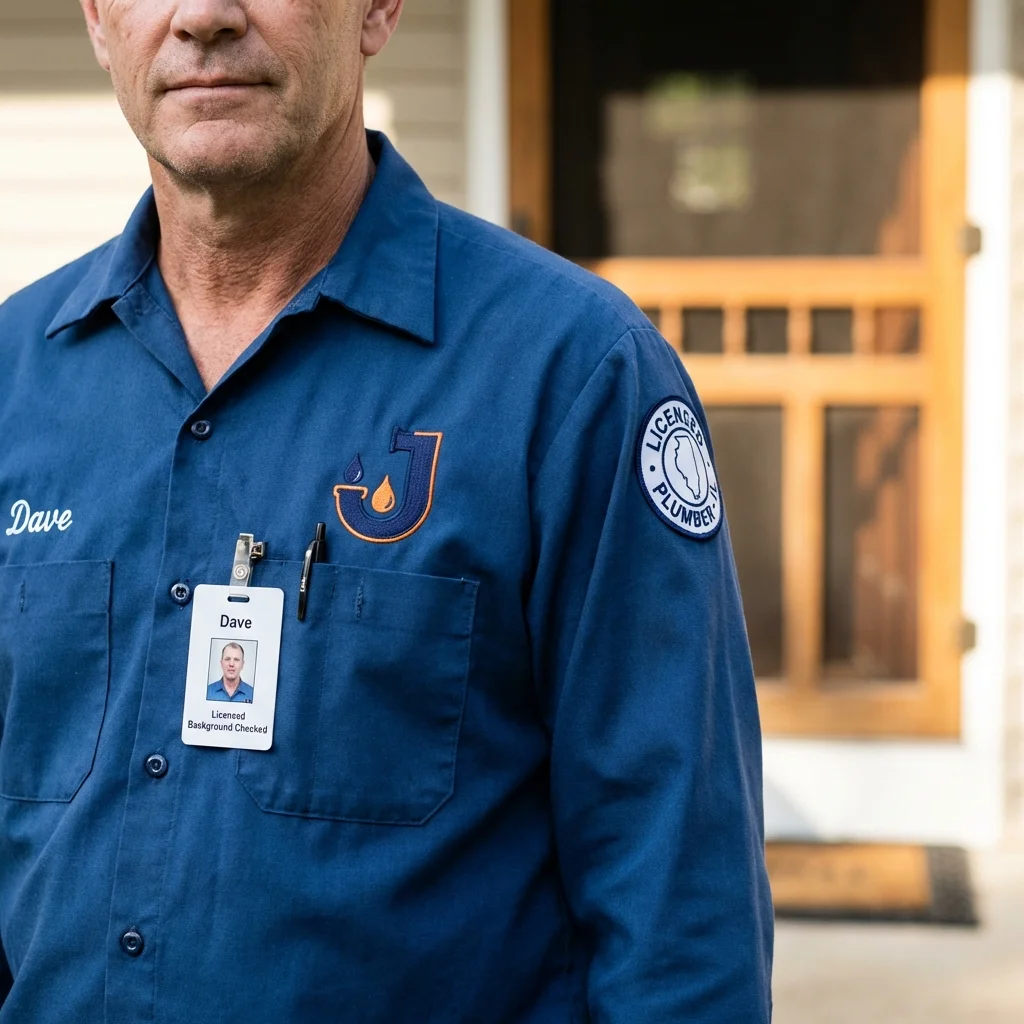 Licensed plumber showing ID badge in Wyandanch, NY