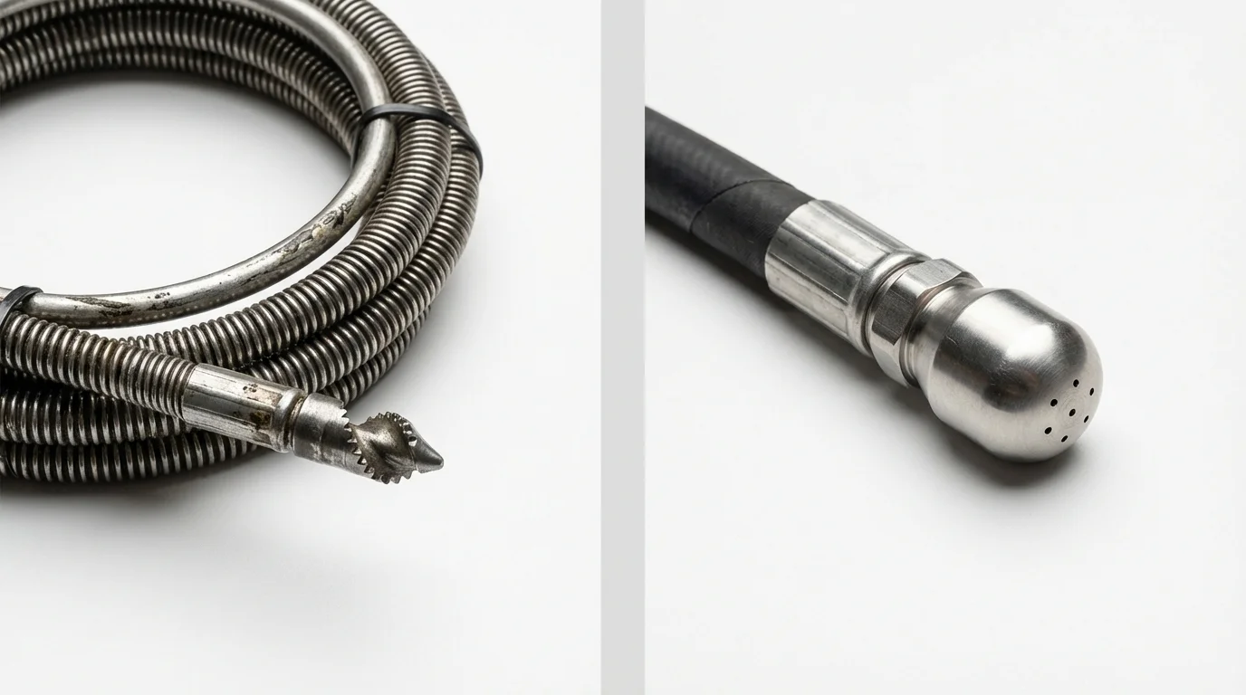Drain snake cable and hydro jetting nozzle used for drain cleaning in Wyandanch, NY