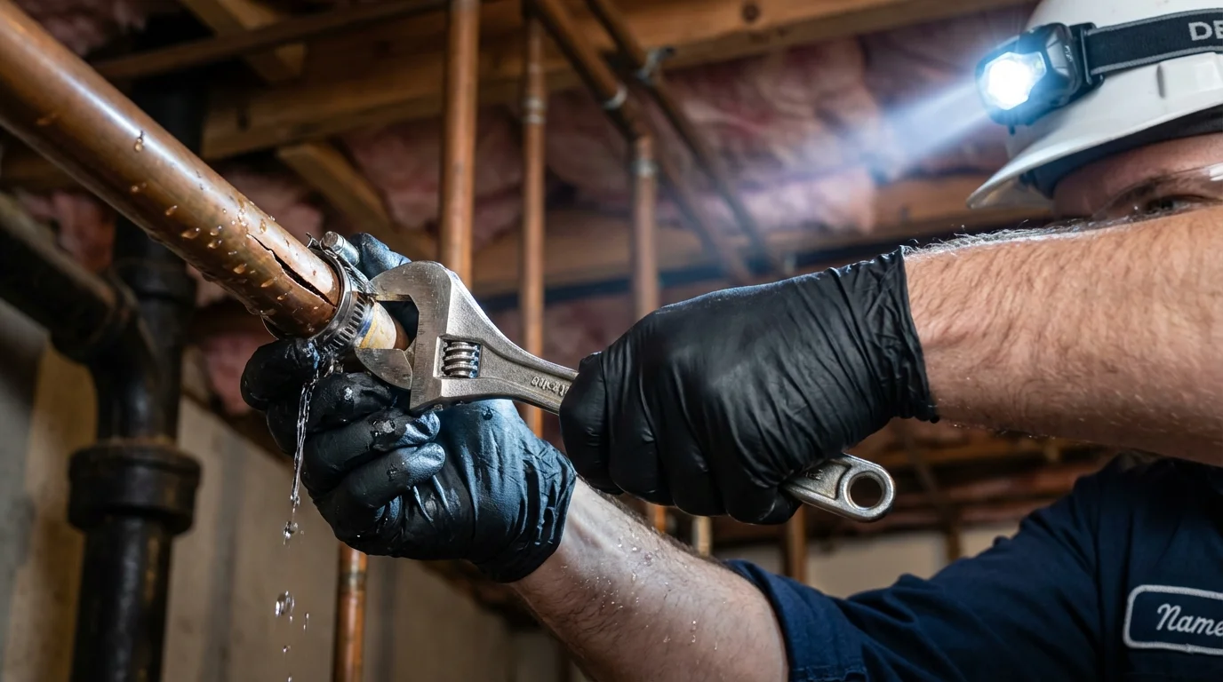 Emergency pipe clamp repair being performed by a Johns Plumbing LLC plumber in Wyandanch
