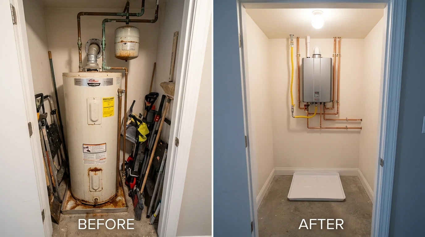 Tank water heater versus wall-mounted tankless unit comparison for Wyandanch, NY homeowners