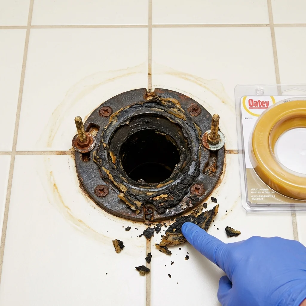 Failed wax ring showing water seepage at the base of a toilet in a Wyandanch, NY home