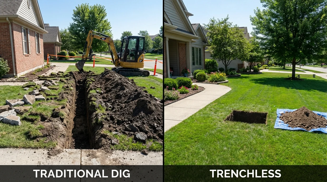 Trenchless sewer repair with minimal yard damage versus traditional excavation in Wyandanch, NY