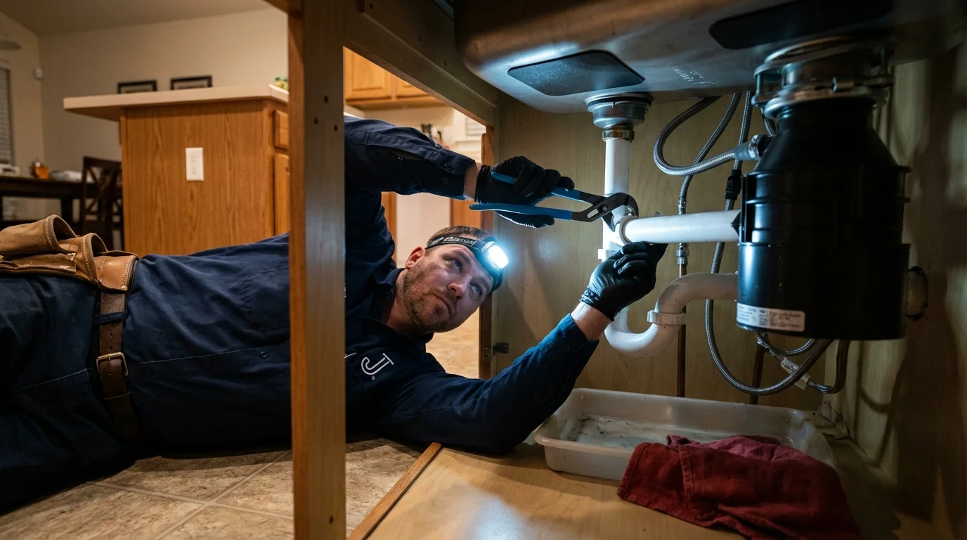 P-trap and supply line connections under a kitchen sink showing a common leak point in Wyandanch, NY